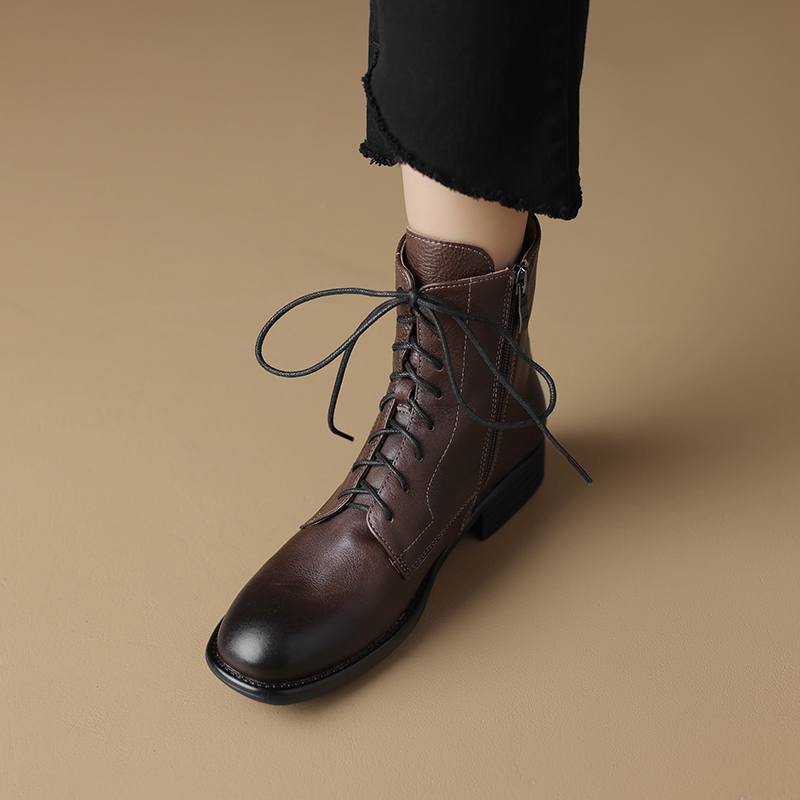 Krazing Pot Cow Leather Winter Round Toe Thick Low Heels Western Boots Women Lace Up Retro Ankle Boots