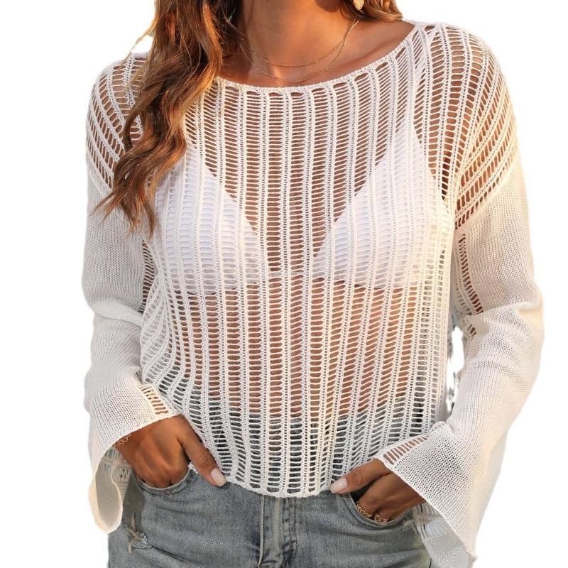 Women's Hollow Woven Short Loose Flared Sleeve Beach Smock Top