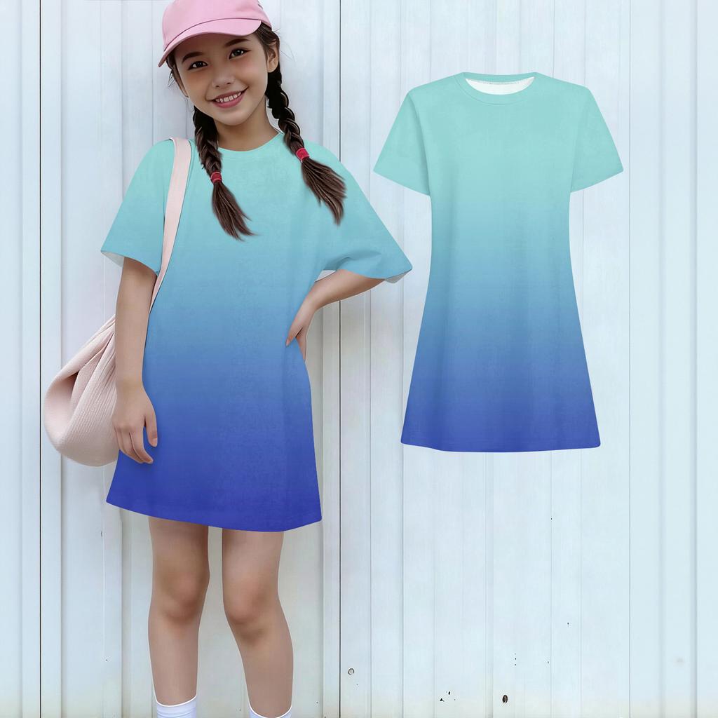 Girls Casual Sundress Kids Loose Round Neck Short Sleeve Lightweight Dress