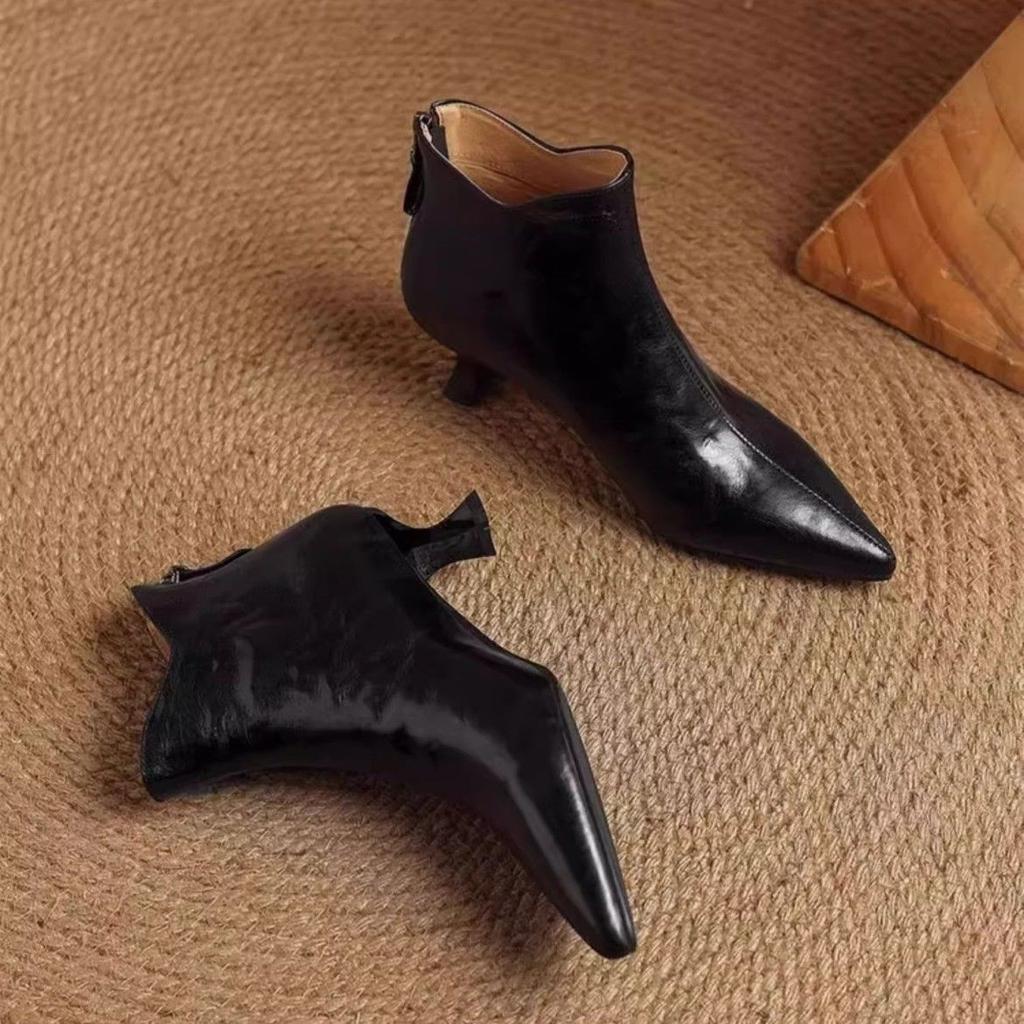 Fashion Elegant with Medium Heels Booties Autumn Winter Fleece-Lined Female Short Shoes Pointed Toe Leather Chelsea Women's Ankle Boots