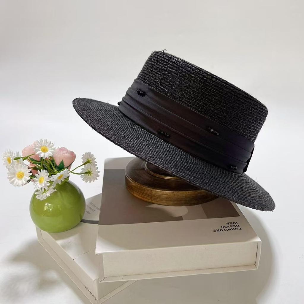 Dale Lafite Hat Women'S Sunscreen Flat Top Straw Hat French Pearl Sun Hat Uv Protection Sun Hat