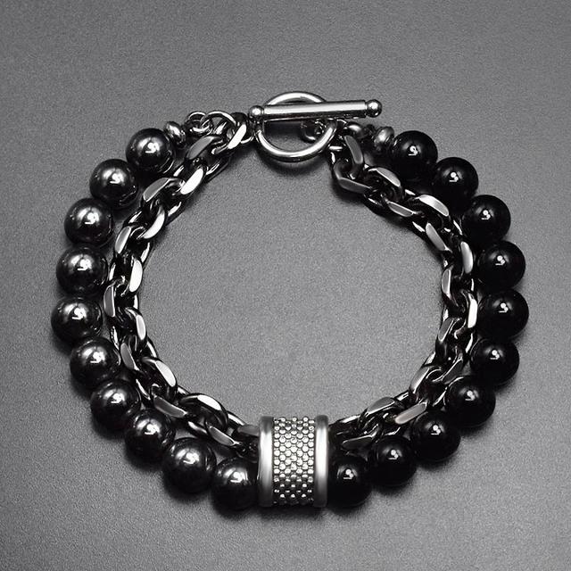 Men 'S Tiger Eye Stone Beaded Bracelet Stainless Steel Gunmetal Link Chain Yoga Bracelet Male Jewelry Dropshipping