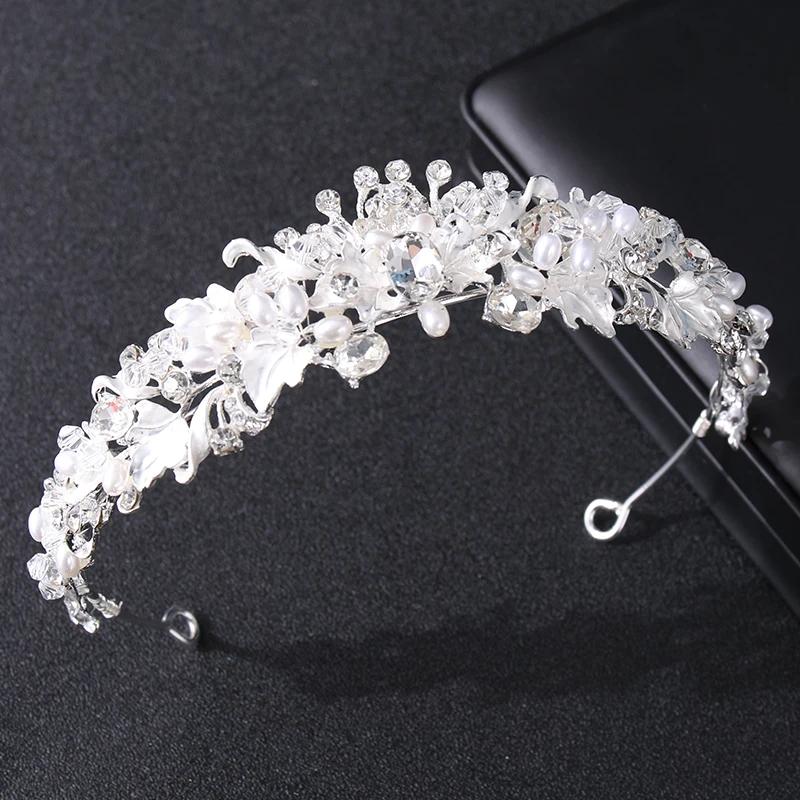 Silberfarbene Perlenkristallkrone Stirnband Blume Strassgold Tiara Diadem Party Frauen Braut Hochzeit Haarschmuck Schmuck