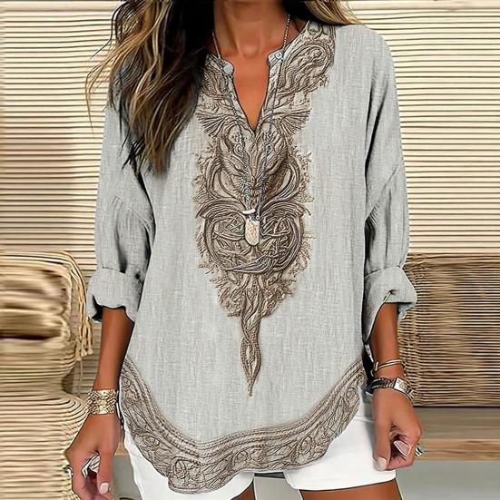 Damska Koszula Oversize z Dekoltem V Długi Rękaw Casualowa Wiosna Jesień Koszula z Wzorem Drukowanym 3D Oddychająca