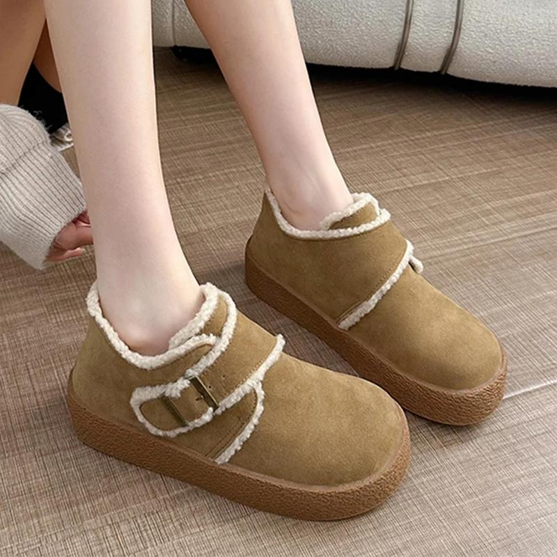 Fashion Women Flats Platform Ankle Snow Boots New Winter Short Plush Suede Warm Shoes Women 2025 Trend Casual Walking Fur Cotton Botas