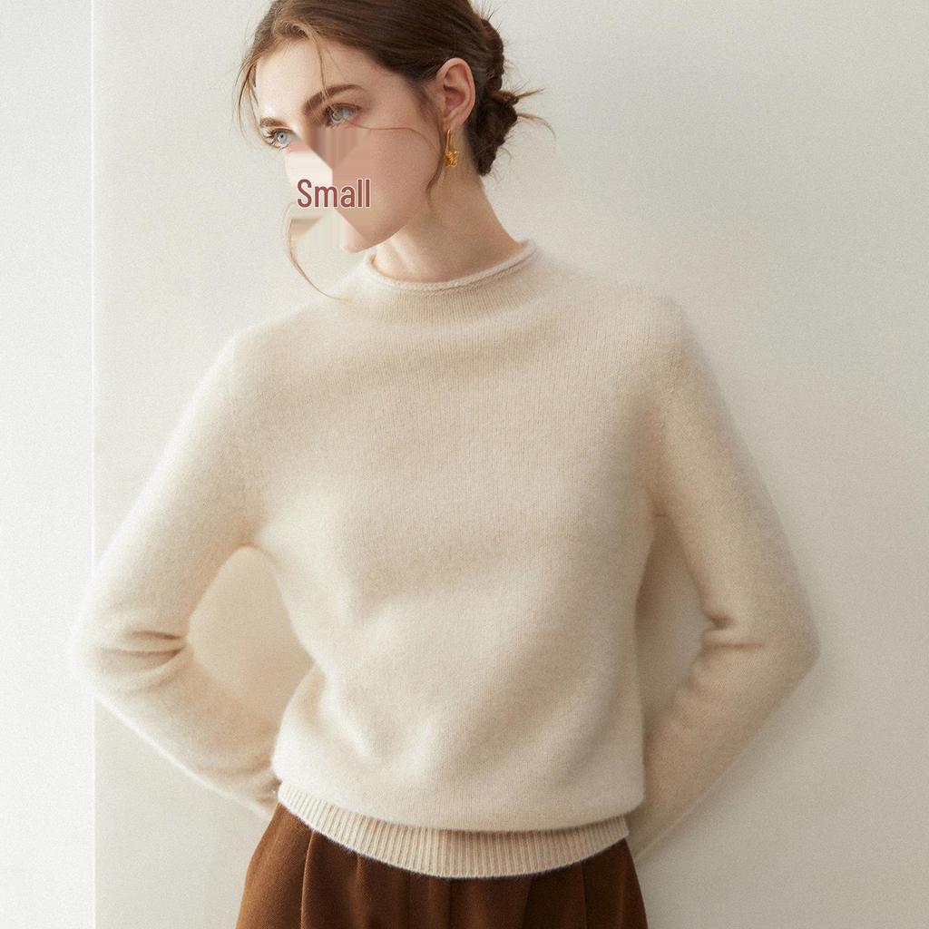 Women's 100% Pure Cashmere Sweater - Thickened, Half-High Neck, Rolled Hem, Solid Color, Loose Knit for Autumn and Winter.