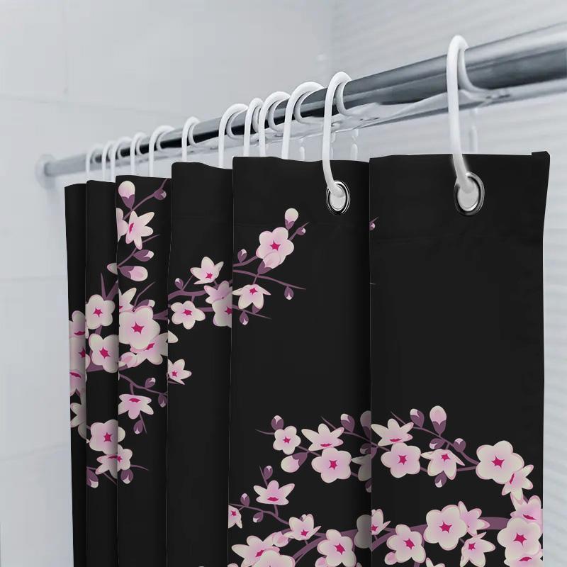 Cherry Blossom Shower Curtain Pink Floral Print Bathroom Decor Customizable Size Black Background Shower Panels Water Repellent