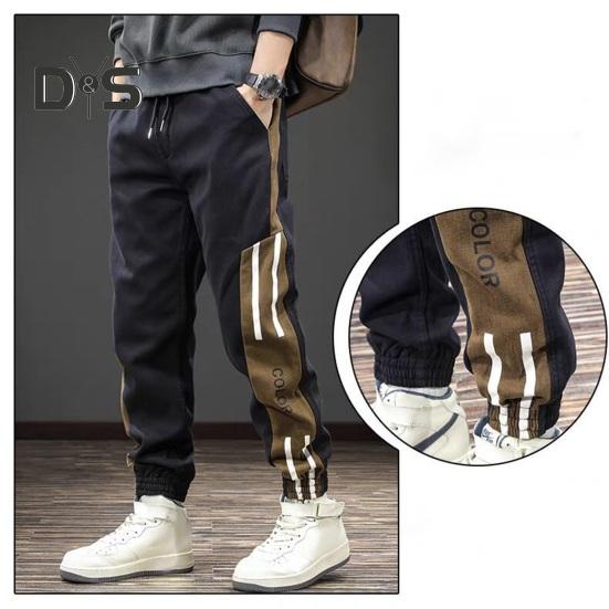 Spring Fall Men Cargo Pants Loose Drawstring Elastic Waist Pockets Ankle-banded Contrast Color Patchwork Sport Trousers Daily Wear Harem Pants