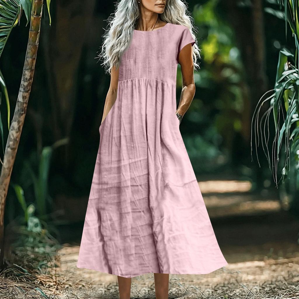 Women's Fashionable Solid-color Cotton And Linen Sleeveless Loose Pocket Dress