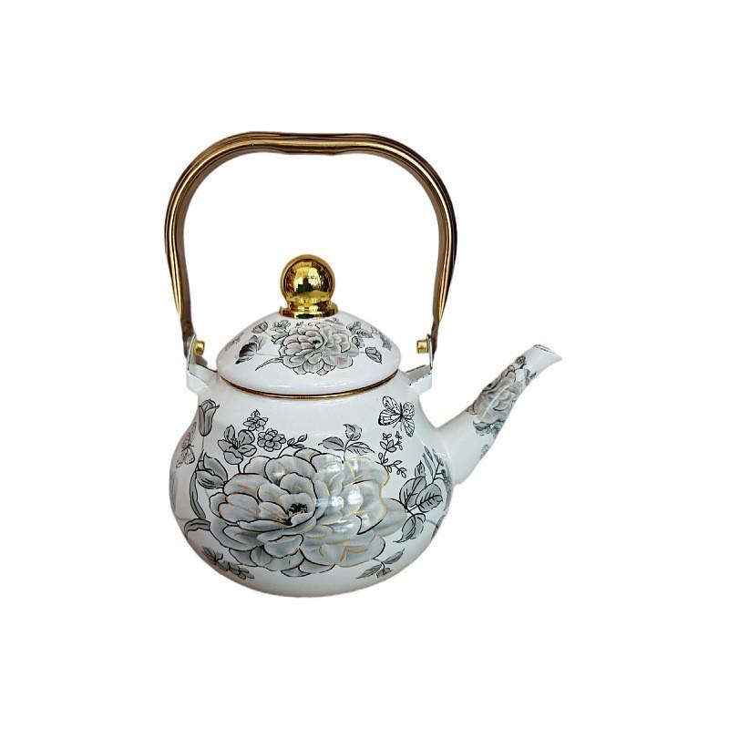 Enamel Coffee Pot Pear-Shaped Water Kettle Gold Handle 1.5L 2L 2.5L White Base With Peony