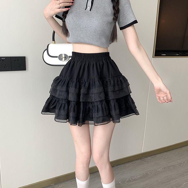 New Lace Cake Skirt for Women Short Skirt Ballet Style High Waist White Mesh Hooded College Style Skirt Cute