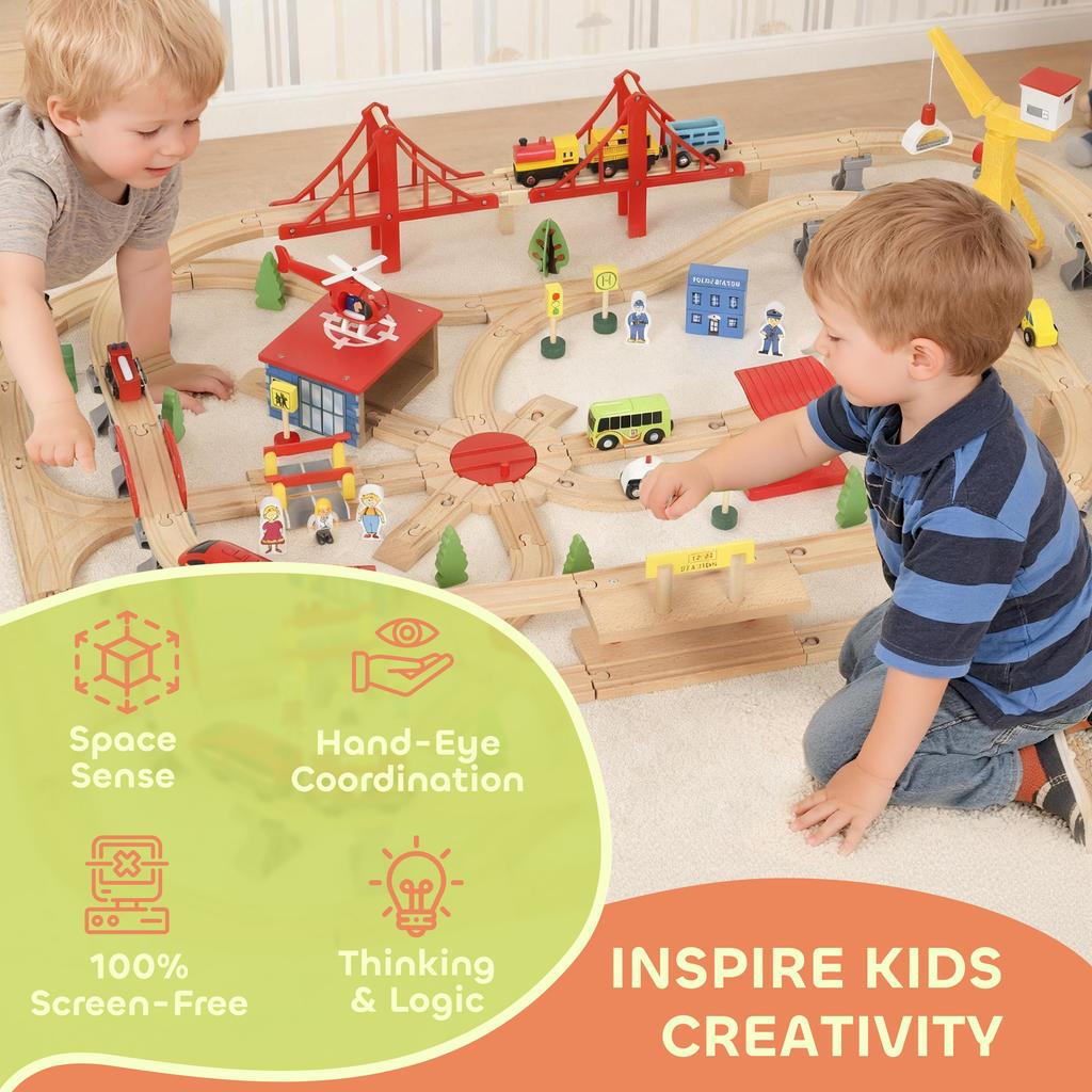 133-Piece Wooden Train Set, Toy Train with Crane, Storage Box, for Kids Ages 3+