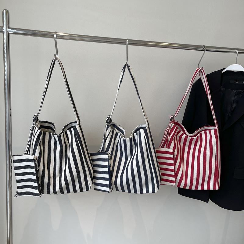 Retro literary handbag simple small fresh striped shoulder bag casual fashion large capacity shopping bag