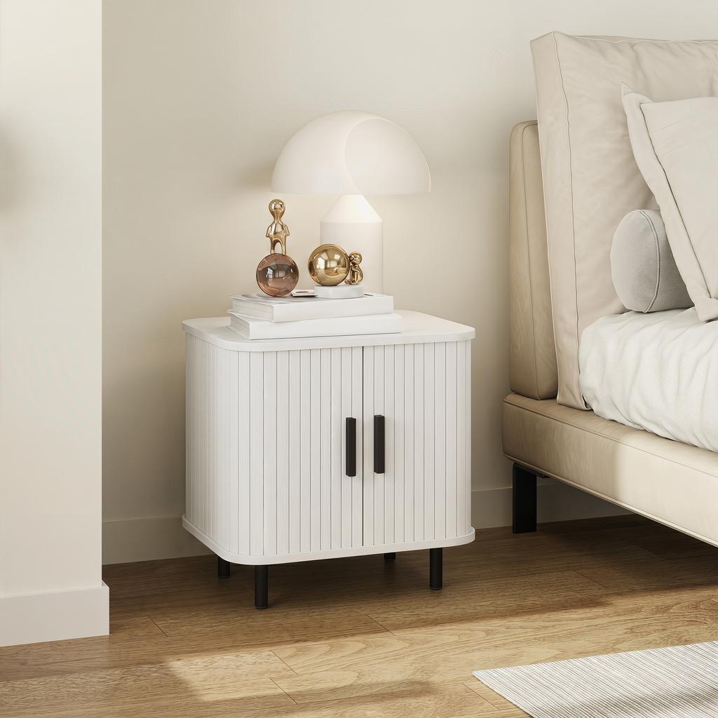 Nightstand with Sliding Doors and Metal Legs White Wood Effect