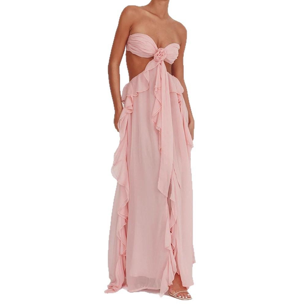 Europe, America spring and summer new sexy lace-up tube top backless lace-up ruffle edge long dress women's clothing
