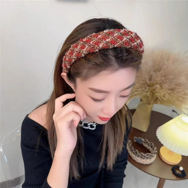 Elegant High Cranial Top Tweed Sponge Headband Retro Plaid Woven Hair Hoop Autumn Winter Women Fashion Hair Accessories