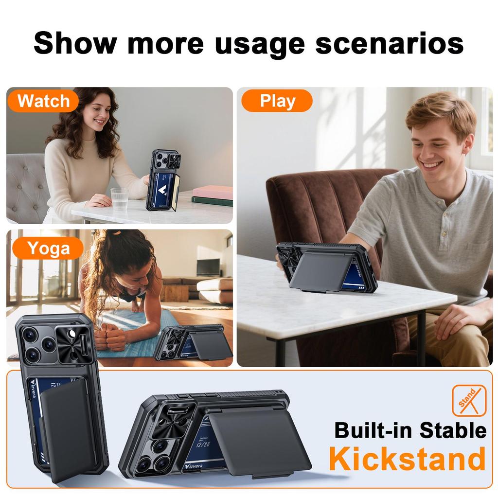 RFID Blocking Wallet Case with Card Holder Sliding Camera Cover Stand PC+TPU Protective Case for iPhone 17 Pro-Black