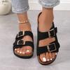 Women's Wide Width Double Buckle Cork Slides - Flat Sole Mule Sandals for Outdoor Wear, Casual Single Strap Thongs