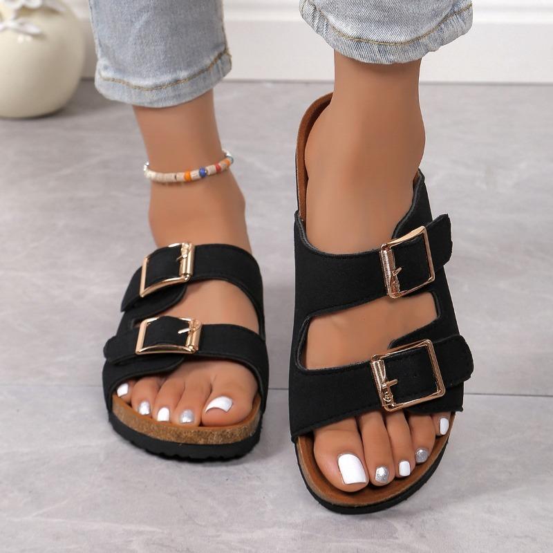 Women's Wide Width Double Buckle Cork Slides - Flat Sole Mule Sandals for Outdoor Wear, Casual Single Strap Thongs