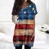 Damen Oberteile V-Ausschnitt Kurzarm Blusen Lässige Mittellange Hemden Mode Unabhängigkeitstag Print Tunika Tops mit Taschen