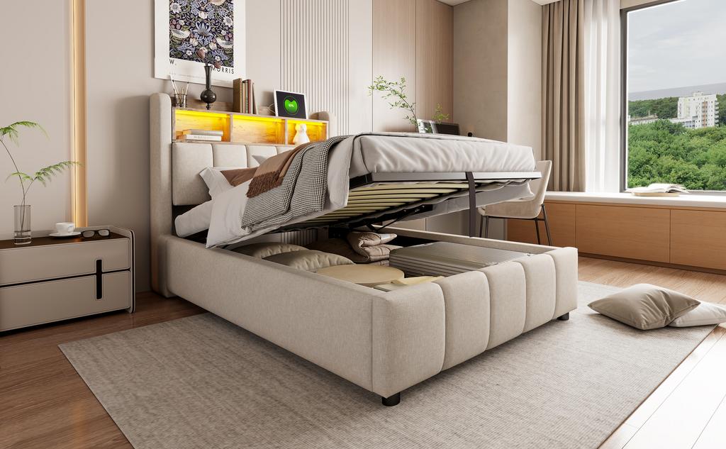 Letto imbottito 90*200cm con illuminazione LED e porta USB, testiera con mensole e spazio contenitore, letto singolo per bambini, beige lino