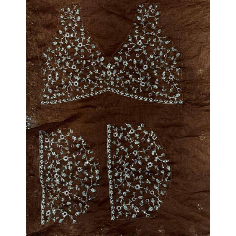 Material greu moale fandy șifon mătase cu c- pallu zari și paiete, bordură cu lucru decupat pe saree