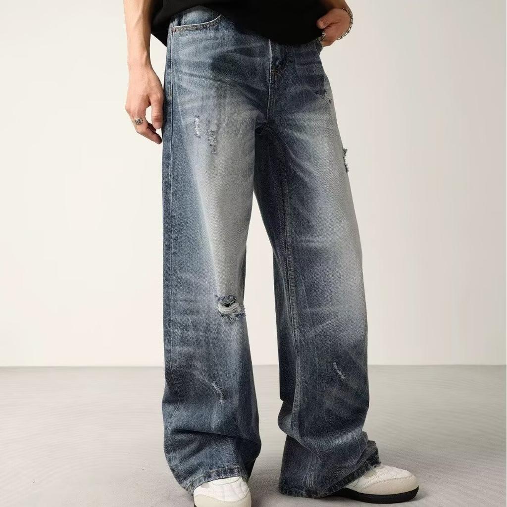 American Retro Loose Dirty Dyed Old Jeans Men's and Women's Design Sense Niche Cat Whisker Casual Straight Wide-leg Pants