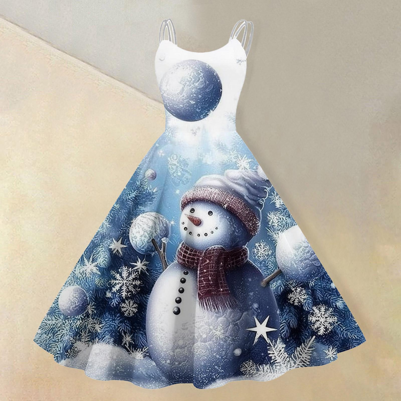 

(счастливого Рождества) Женское повседневное модное платье в стиле ретро с принтом рождественской снежинки/рождественской елки/снеговика и круглым вырезом XL