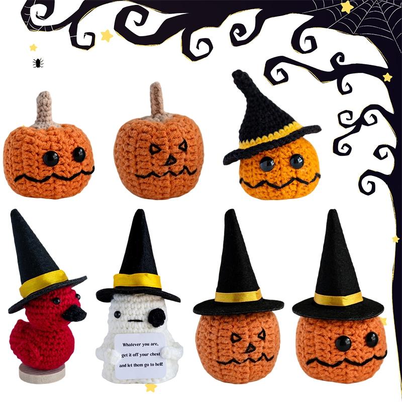 Halloween Crochet Pumpkin Ornament With Hat Card Desktop Decoration Halloween Horror Supplies Office Accessorie Christmas Gift