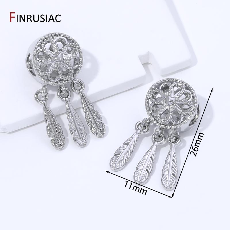 14K Gold Plated Brass Hollow Round Separator Beads With Feather Charms Spacer Beads for DIY Bracelet Making Accessories 1 piece