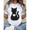 European Size Women'S White Cat Heart Graphic T-Shirt | Casual Daily Short Sleeve Tee Top, Vintage, Round Neck, Vacation Outfit, Texture