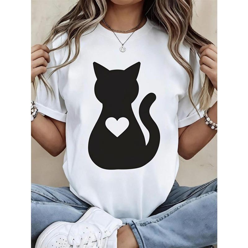 

European Size Women S White Cat Heart Graphic T-Shirt | Casual Daily Short Sleeve Tee Top, Vintage, Round Neck, Vacation Outfit, Texture 4XL білий