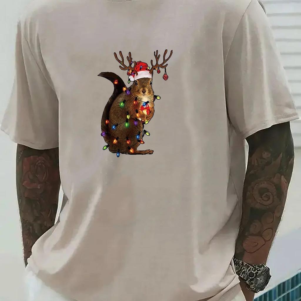 Weihnachts Eichhörnchen Rentier Lichter Grafik Herren Baumwoll T-Shirt Rundhals Lässig Kurzarm T-Shirt