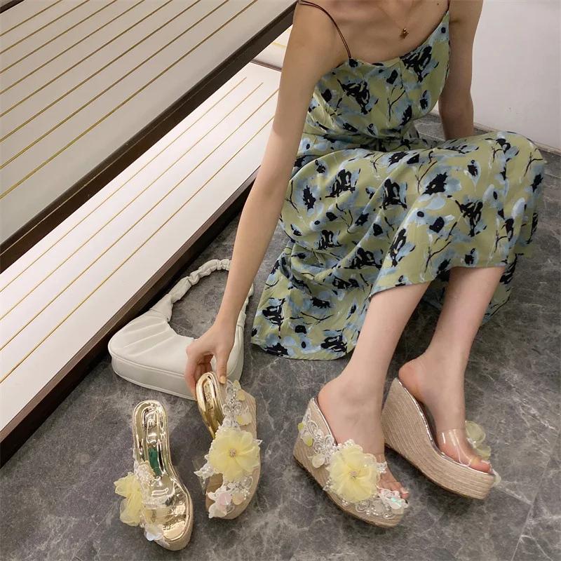Fashion New Summer Flower Decoration Platform Wedges Sandals Women Fashion Silver High Heels Female Summer Gold Shoes Size 34-40