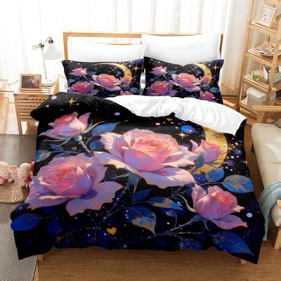 Rose Moon Print Pattern Polyester Bedding Set - Soft And Comfortable, Home Decoration,King,Queen Size,Valentine'S Day