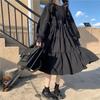 Japanese Sweet Lolita Dress Long-Sleeve Plus-Size High-Waisted Black Midi Dress Tummy-Control Pleated Swing A-line Skirt