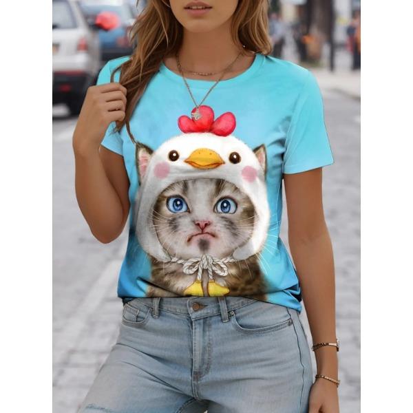 Summer Round Neck Cute Cat Pattern 3D Print Top Fashionable Casual Short Sleeved Women's T-shirts
