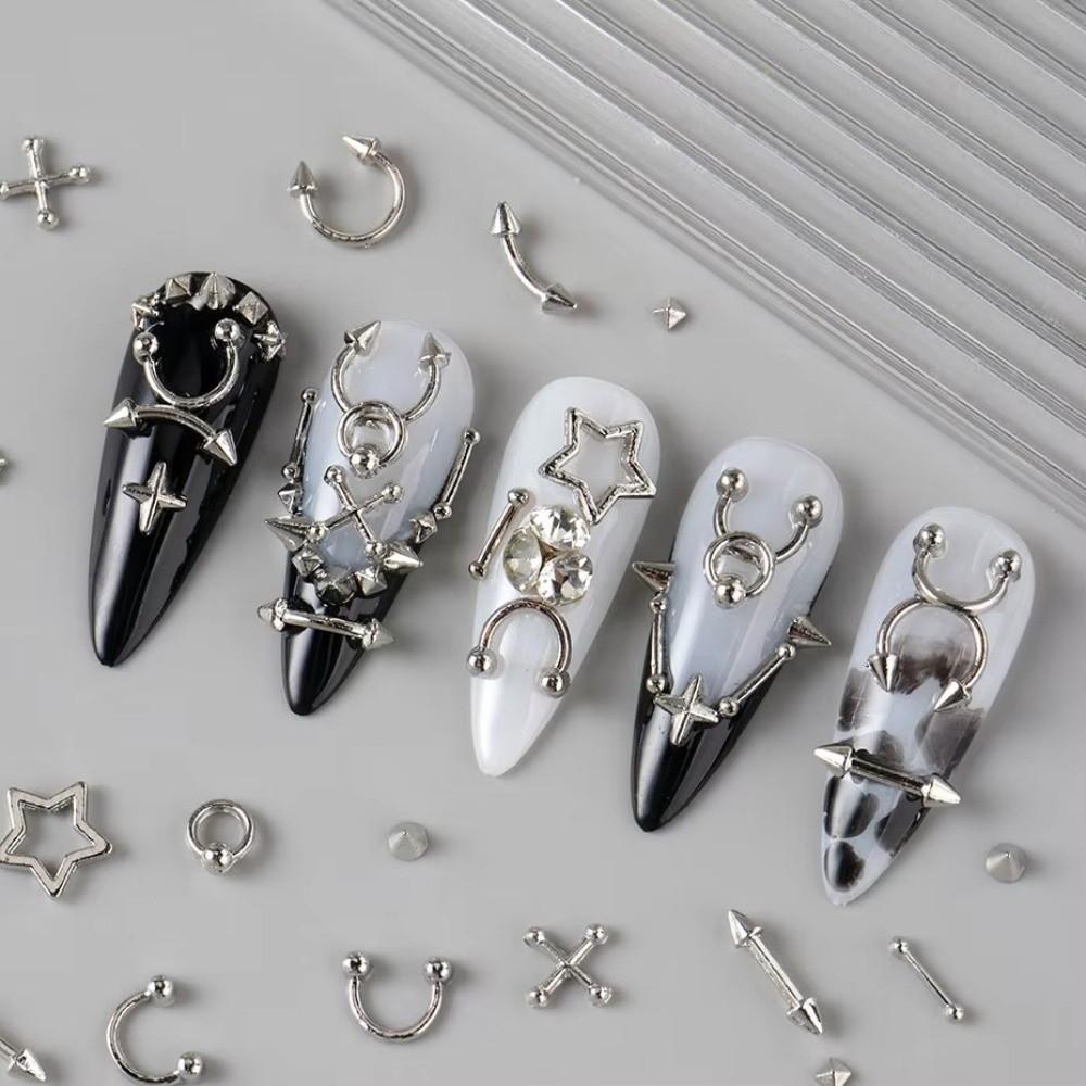 New 12 Grids Nail Charms Silvery Golden Alloy Nail Decor Y2K Self-Adhesive Manicure Accessories