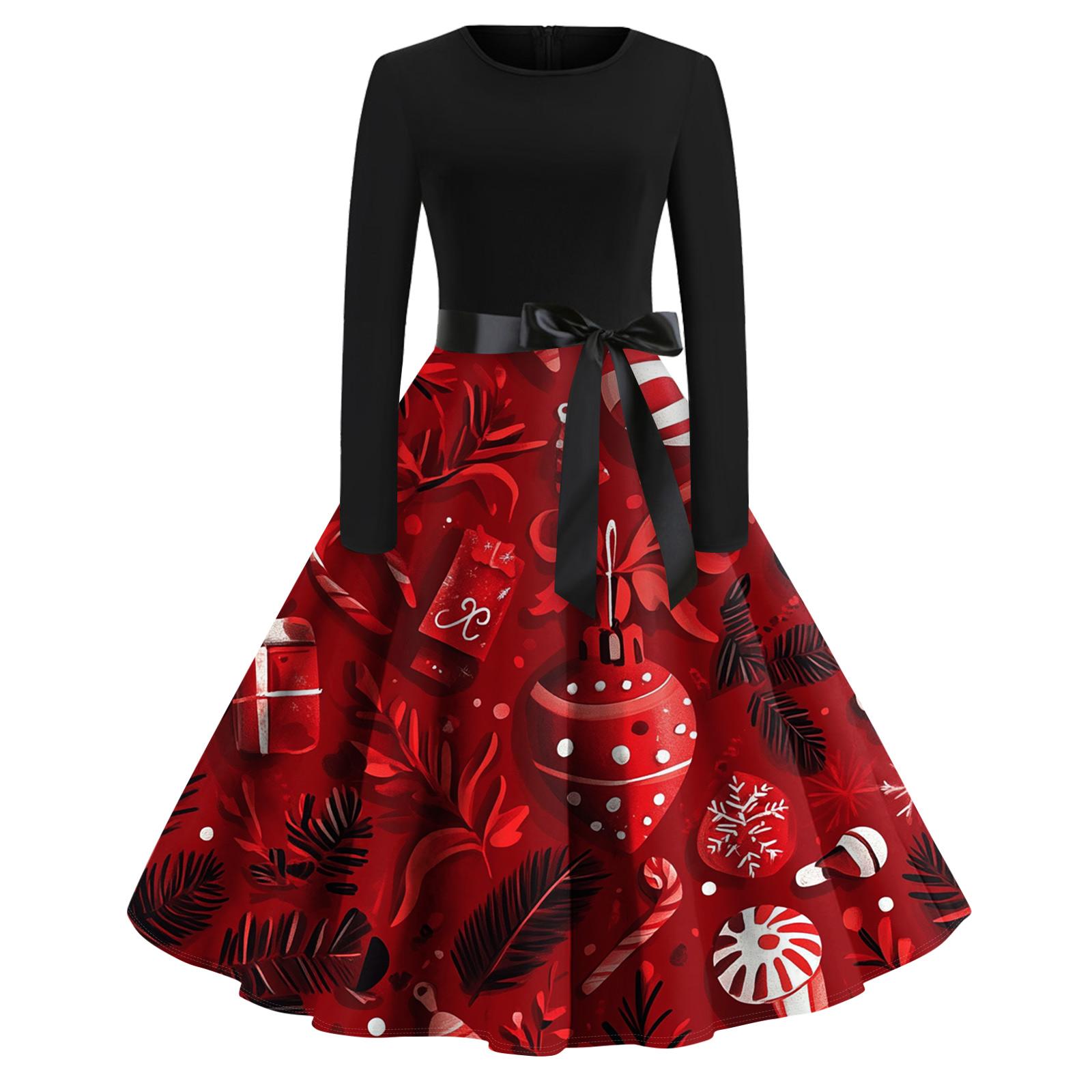 

Женское модное повседневное платье приталенного кроя с круглым вырезом, рождественским принтом и длинными рукавами XL винный