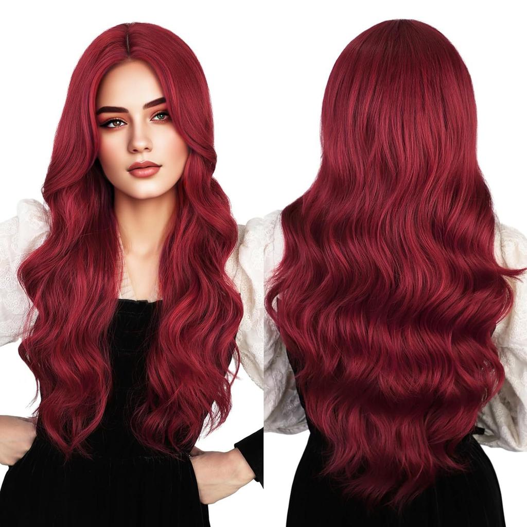 New Wig European American Women Front Lace Synthetic Headband Small Wine Red Medium Split Long Curly Hair