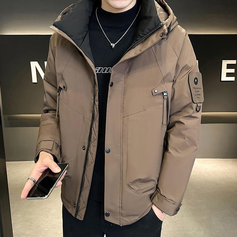 Winter new down jacket men's short hooded jacket short hooded tooling trendy brand white duck down thermal top men