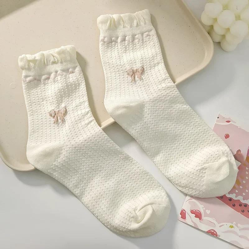 Simple White Socks Versatile Lovely Bowknot Small Flowers Women's Medium Tube Socks kawaii Harajuku jk Lolita Girls Cotton