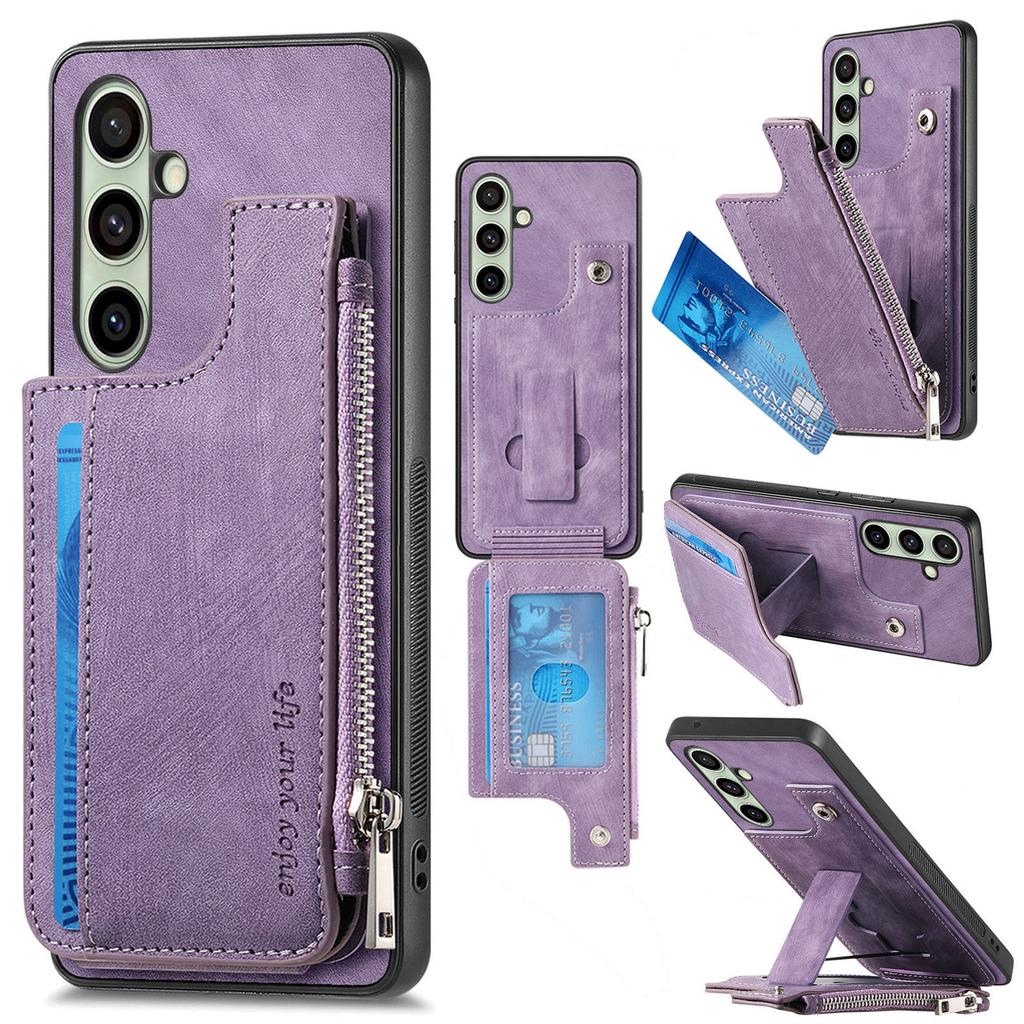 For Samsung Galaxy S24 FE Case Zipper Card Holder Kickstand Leather + PC + TPU Phone Cover