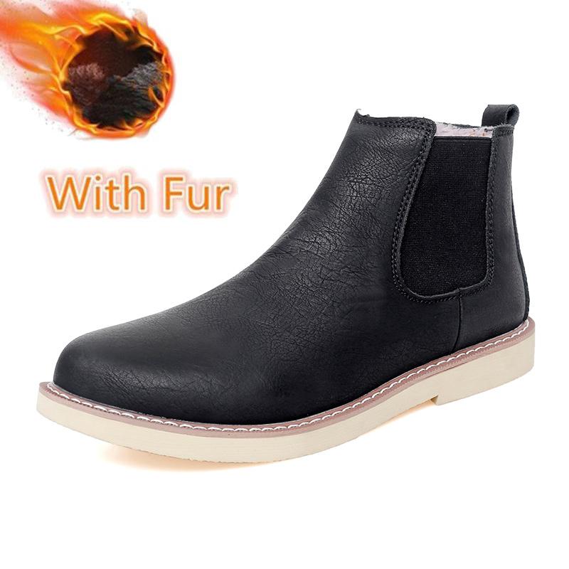 Warmes Plüschfell Winter Herren Chelsea Boots Neue Mode Bequeme Mann Stiefeletten Echtes Leder Gummiband Business Casual Schuhe