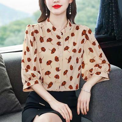 Camisa de gasa estampada M-4XL Primavera Verano Nueva Blusa de cuello alto con mangas cortas Cárdigan informal para mujer