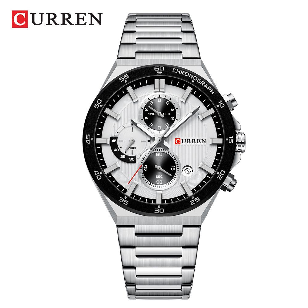CURREN 8481 Men s Waterproof Steel Band Chronograph Watch with Six-Hand Quartz Movement and Calendar.