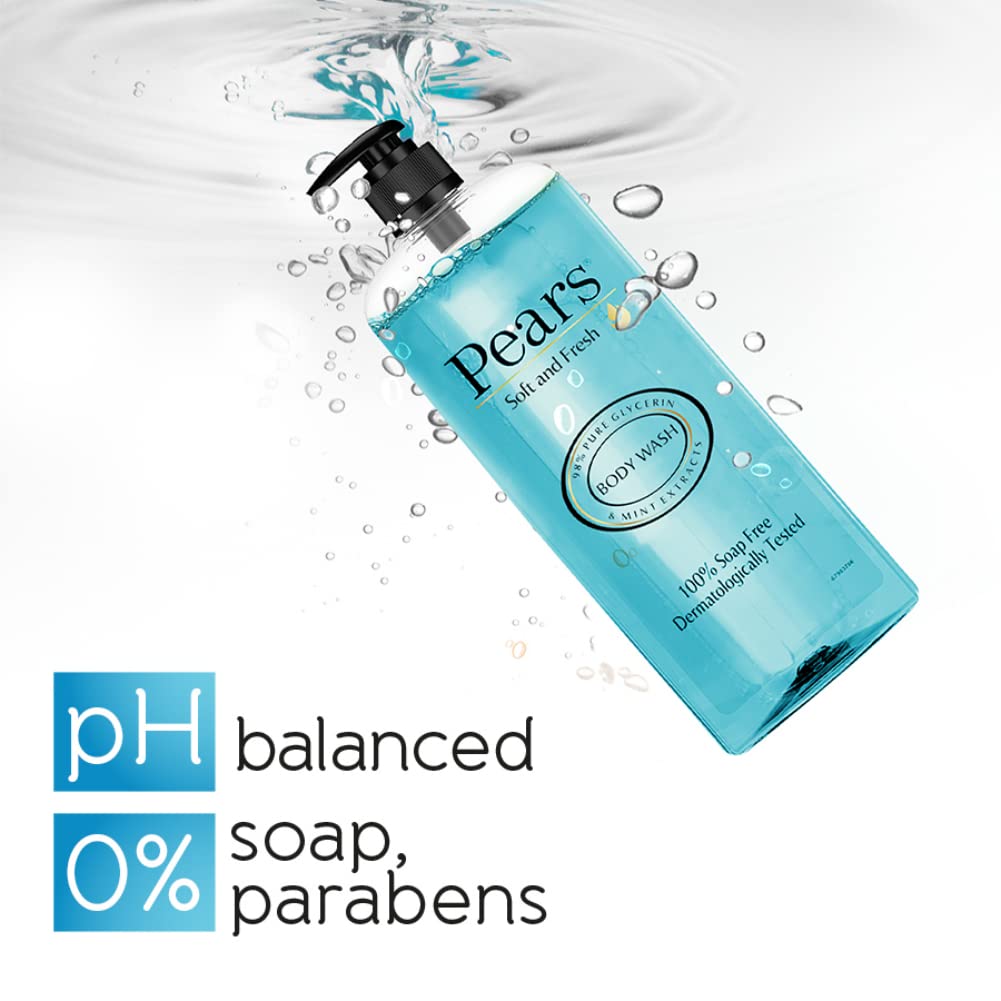Pears 98% Pure Glycerin Soft & Fresh Glow Body Wash with Mint Extract and 0% Parabens & Soap for Freshness & Glow, 750 Ml