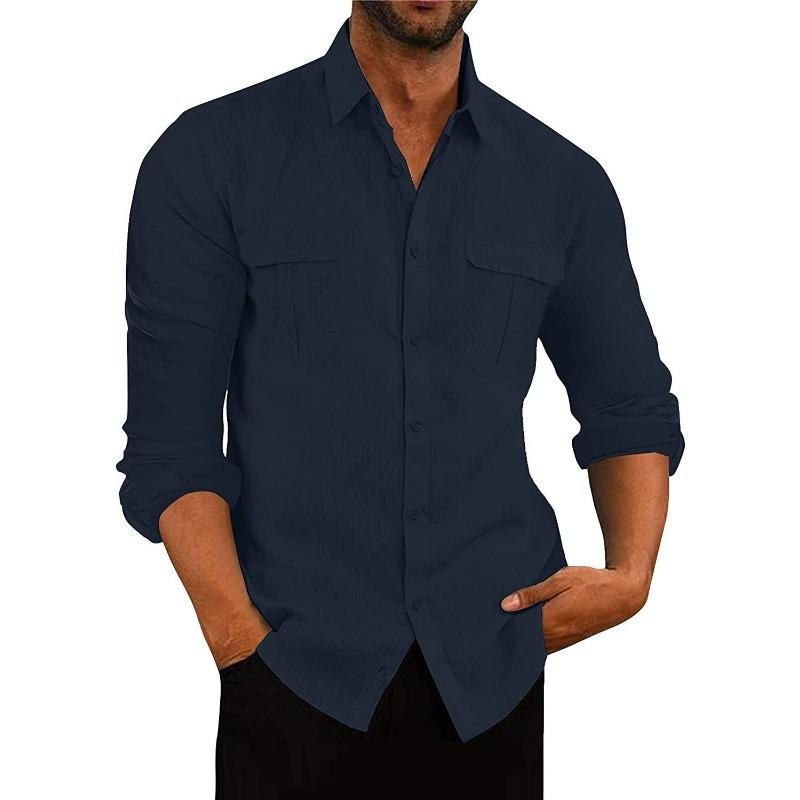 Camicie da uomo europee e americane Camicie a maniche lunghe in cotone e lino con doppia tasca Camicie casual per le feste