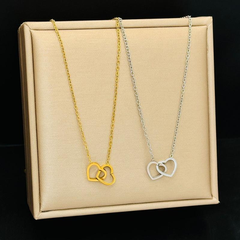 Simple Double Heart Pendant Necklace for Women Couple Stainless Steel Choker Gold Color Chain Wedding Party Friends Zircon Gift