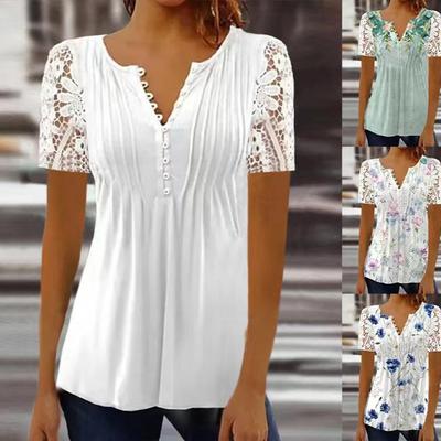 Summer Spring Women's Loose and Comfortable Casual Lace V Neck Printed Blouse Floral Short Sleeve Elegant Fashion Shirt
